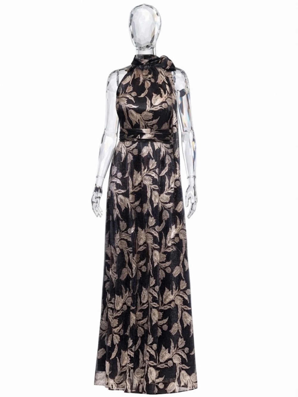 Betsy & Adam Metallic Floral Halter Gown Black & Gold Size 8P